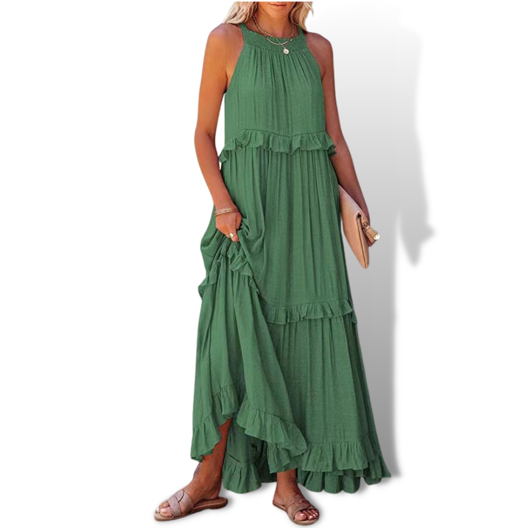 Dress for Women – Maxi Length – Halterneck – Ruffled Details – Natural Fibers