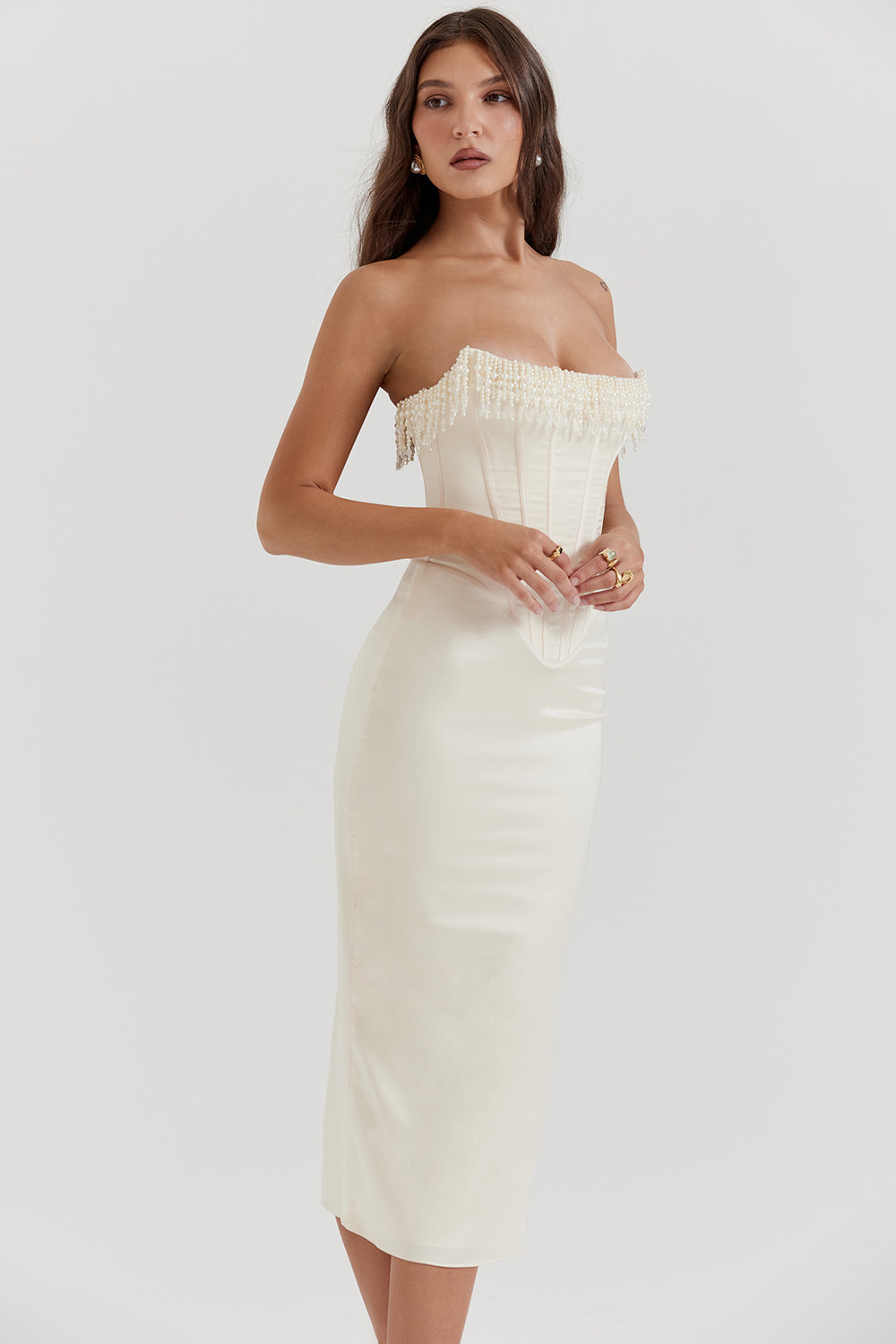Dress woman – Figure-hugging fit – Strapless – Satin – Lacing back – Midi length