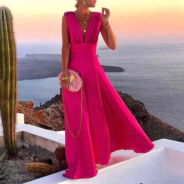 Women's Maxi Dress – Flowy Fit – Sleeveless – Deep V-Neck – Breathable Fabric – Floral Print