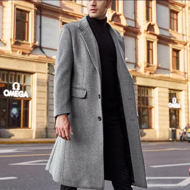 Men's Long Coat - Wool Blend - Tailored Fit - Single-Breasted with Button Closure
