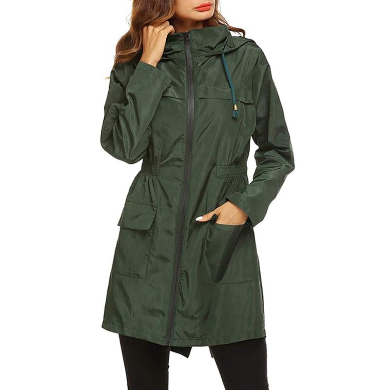 Women's Rain Jacket – Water-Repellent Lightweight Fabric – Adjustable Hood – Mid-Thigh Length