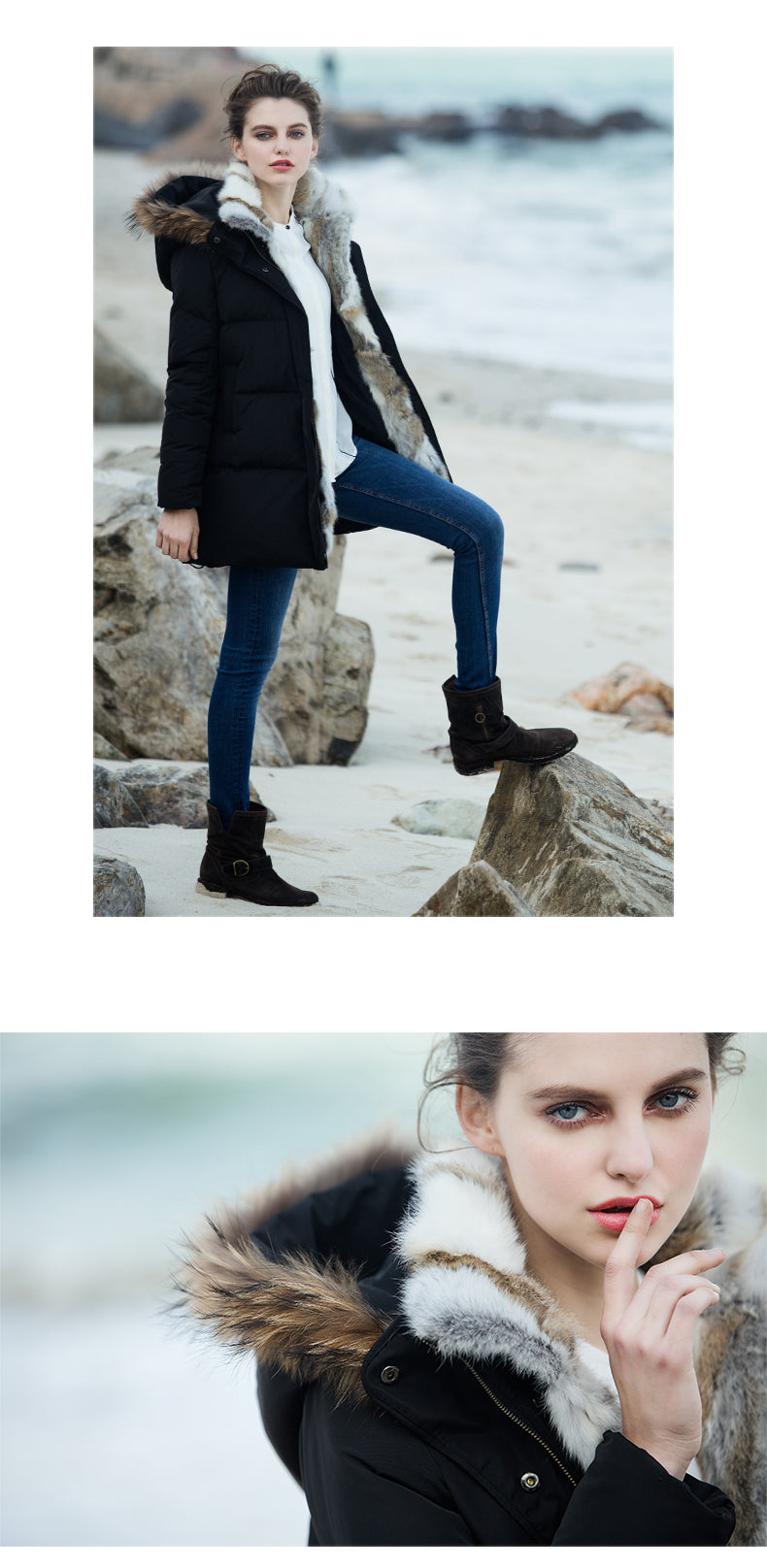 Women's Down Jacket – Classic Puffer Style – Knee-Length – Hood with Fur Details – Windproof