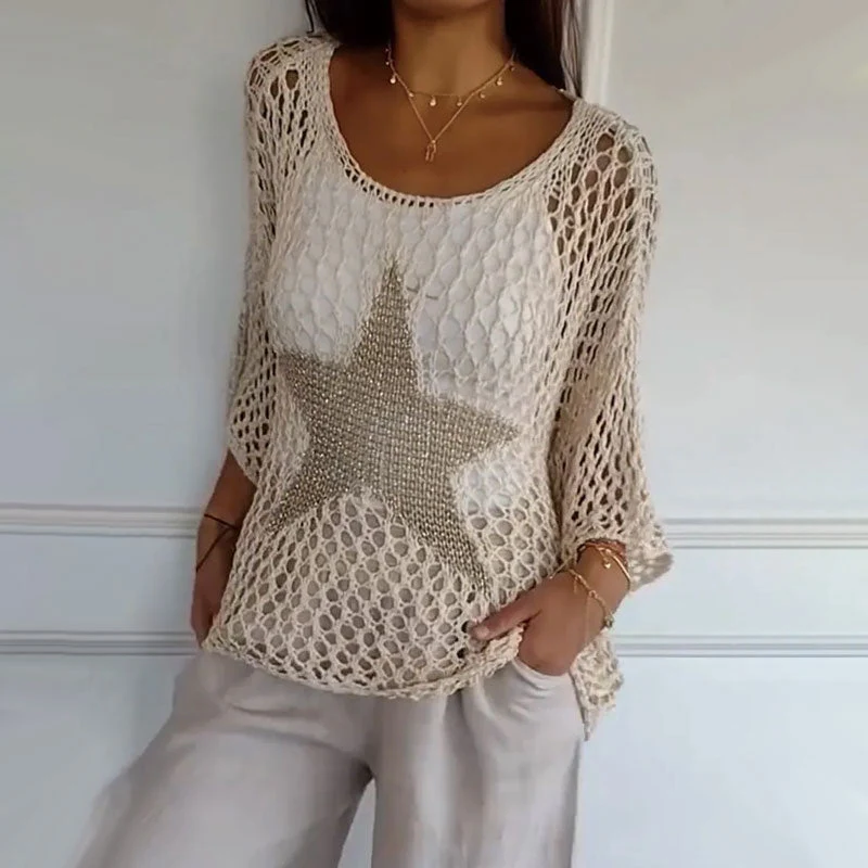 Women's Crop Top – Open-Knit Mesh – Relaxed Fit – 3/4 Sleeve – Star Motif