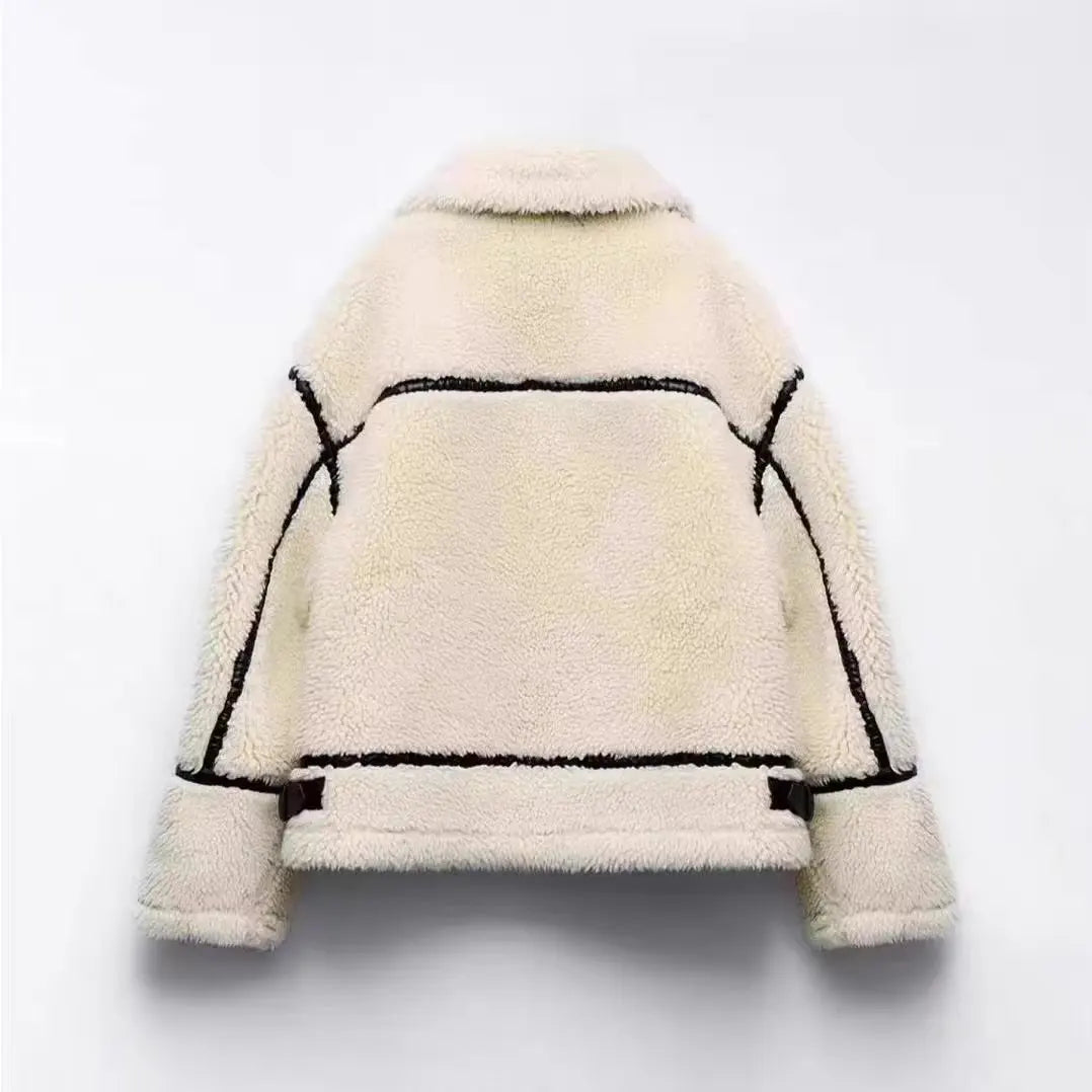 Charlotte Oversized Teddy Jacket | Contrast Trim High Neck Jacket