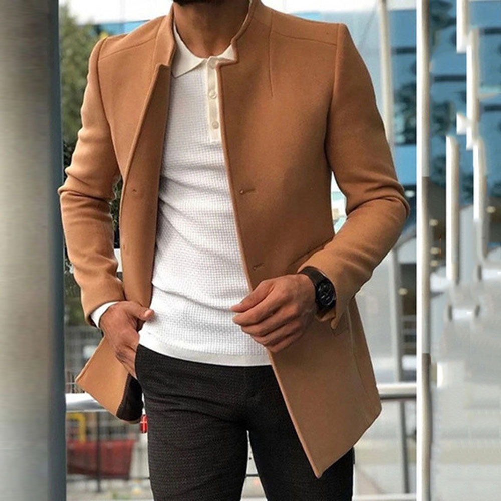 Men's Coat - Slim Fit - Stand Collar - Minimalist Design - Medium Length