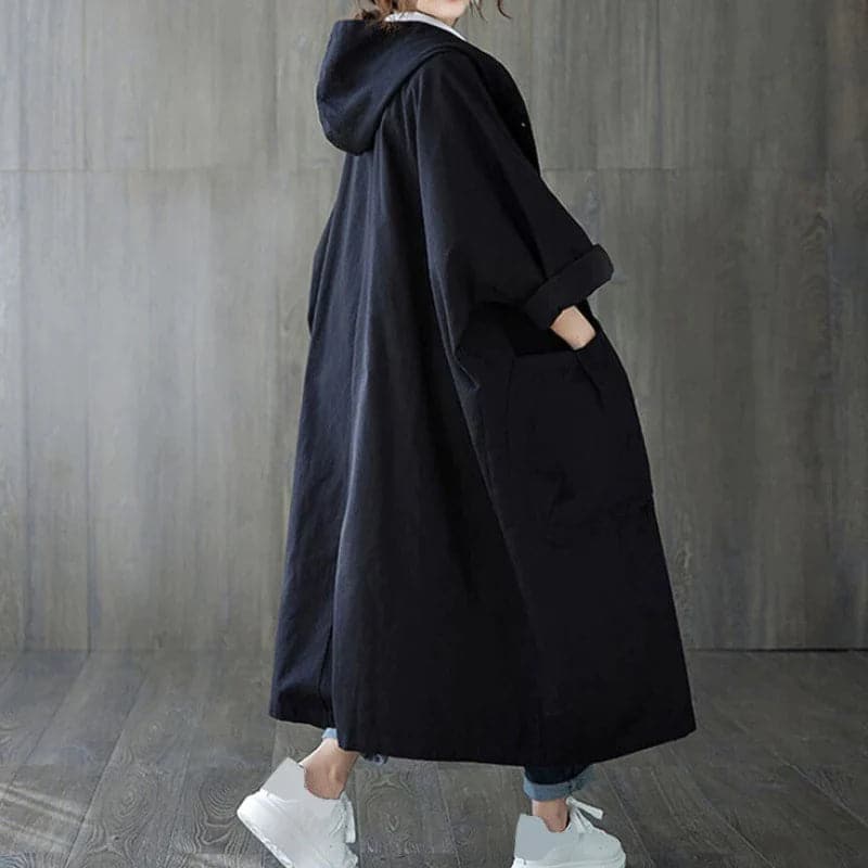 Women's Trench Coat - Oversized Fit - Hood and Large Side Pockets - Button Closure