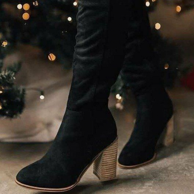 Women's Boots - Knee High - Soft Suede Leather - Block Heel - Pointed Toe - Pull-On