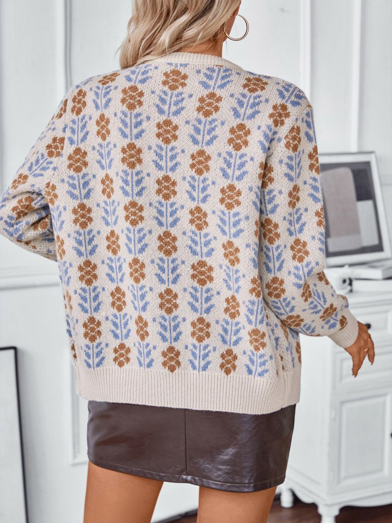 Dame Cardigan – Strikket – Blomsterprint – Løs Passform – Knapper – Rund Hals