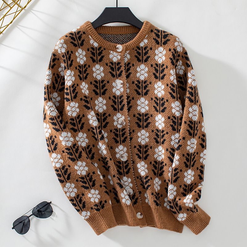 Dame Cardigan – Strikket – Blomsterprint – Løs Passform – Knapper – Rund Hals