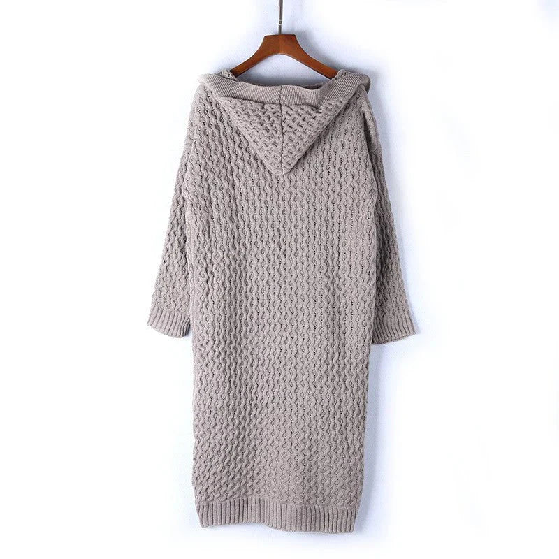 Women's Cardigan – Oversized Fit – Wool Texture – Cable Knit – Hood – Open Front