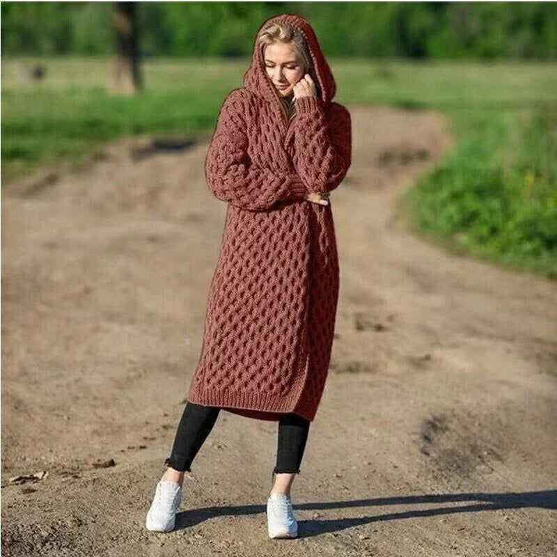 Women's Cardigan – Oversized Fit – Wool Texture – Cable Knit – Hood – Open Front