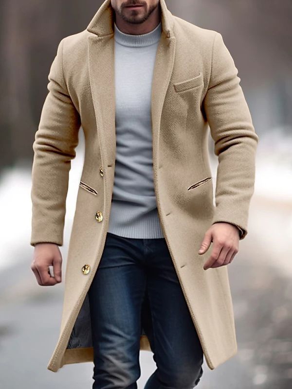 Men's Coat – Wool Blend – Double-Breasted – Tailored Fit – Notch Lapel – With Pockets