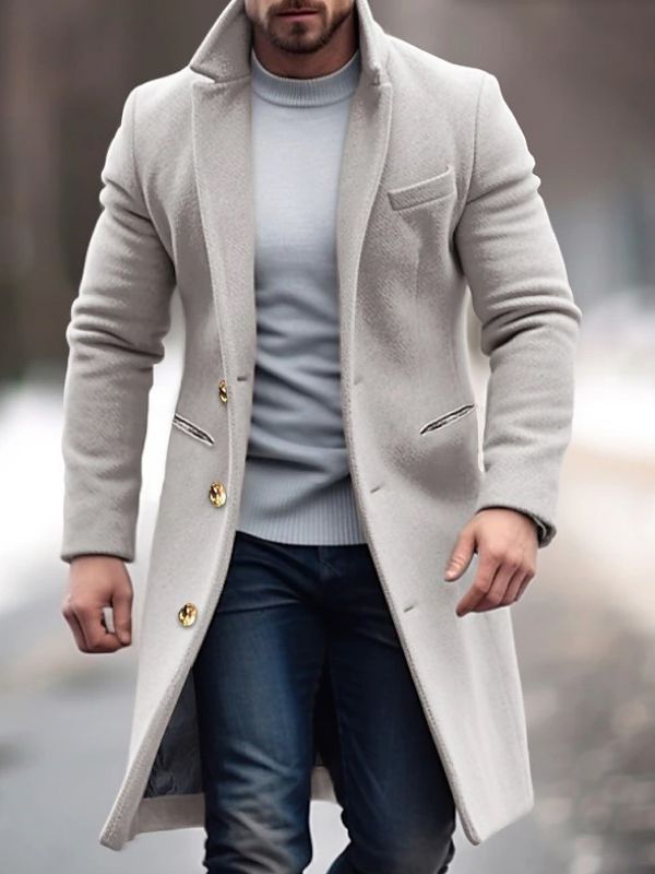 Men's Coat – Wool Blend – Double-Breasted – Tailored Fit – Notch Lapel – With Pockets