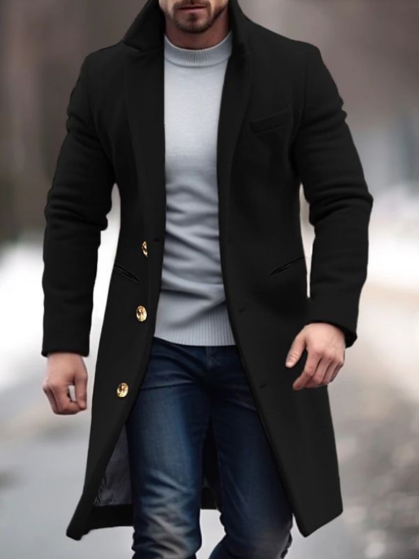 Men's Coat – Wool Blend – Double-Breasted – Tailored Fit – Notch Lapel – With Pockets