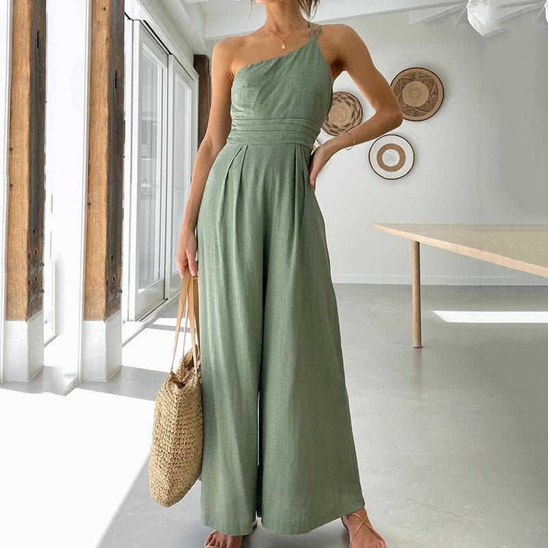 Women's Jumpsuit - One-Shoulder Design - Sleeveless - Wide Leg Fit - Elegant & Stylish
