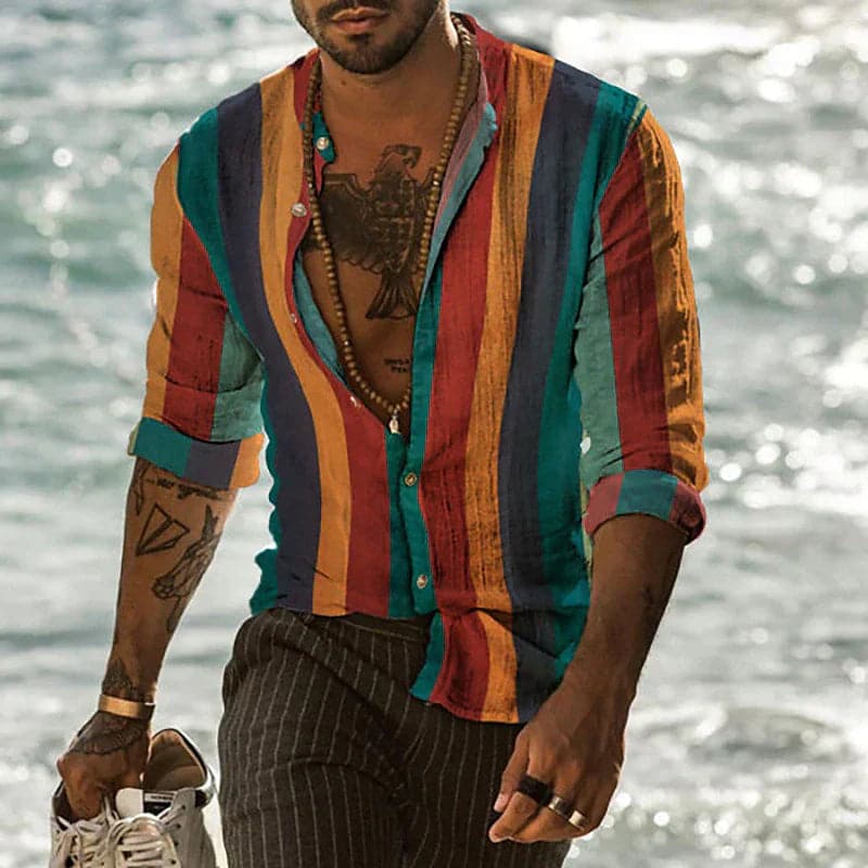 Men's Shirt - Breathable Linen Blend - Relaxed Fit - Long Sleeves - Striped Casual