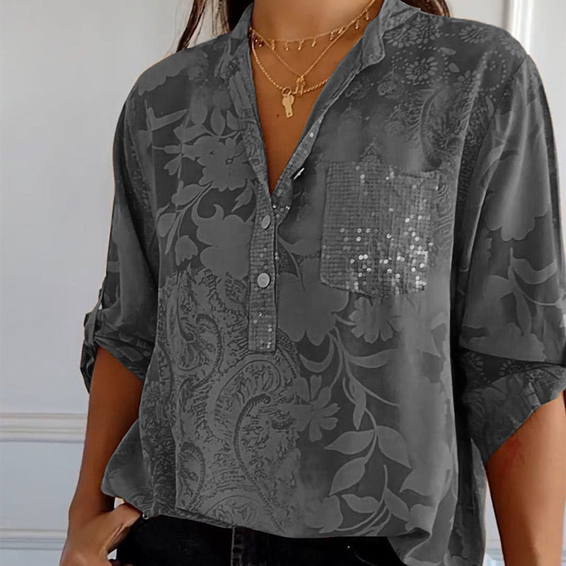 Women's Blouse with Long Sleeves – Relaxed Fit – Breathable Fabric – Jacquard Texture