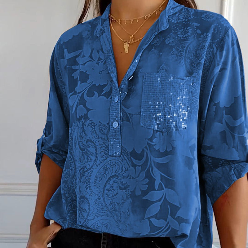 Women's Blouse with Long Sleeves – Relaxed Fit – Breathable Fabric – Jacquard Texture