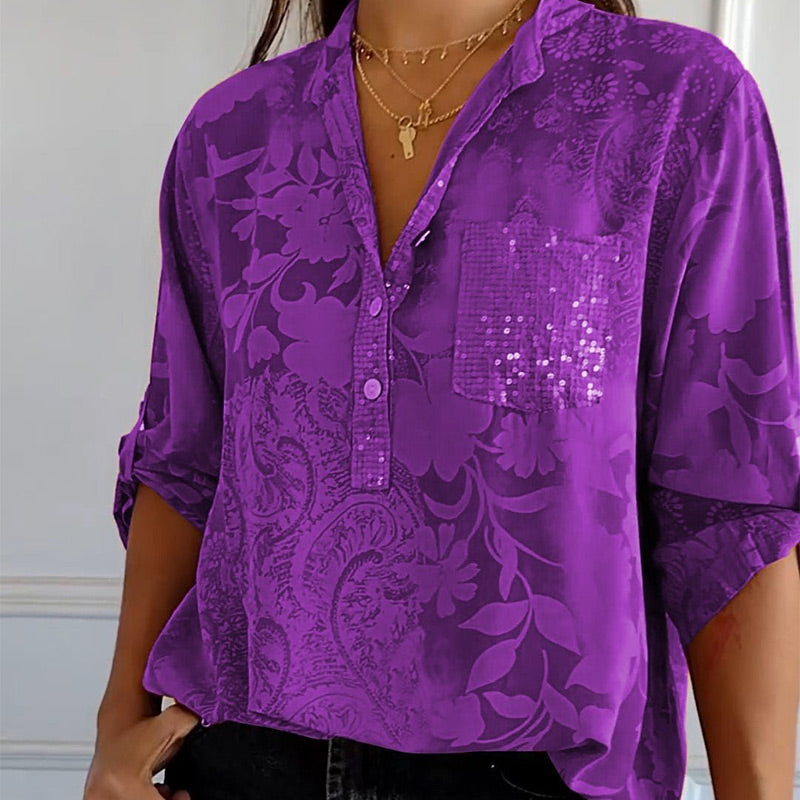Women's Blouse with Long Sleeves – Relaxed Fit – Breathable Fabric – Jacquard Texture