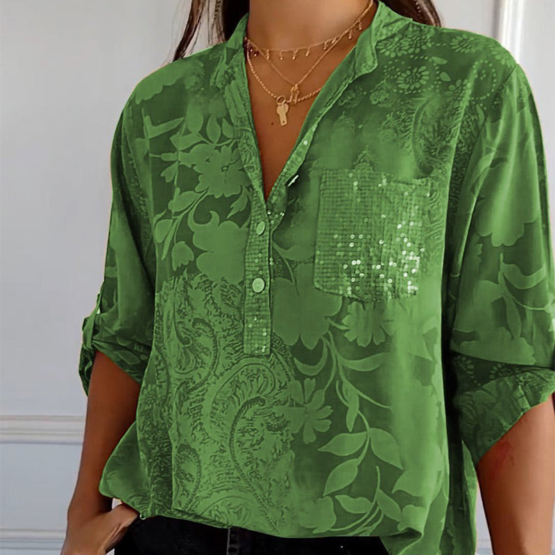 Women's Blouse with Long Sleeves – Relaxed Fit – Breathable Fabric – Jacquard Texture
