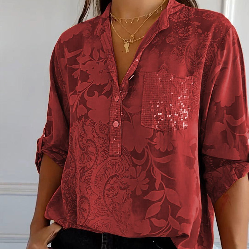 Women's Blouse with Long Sleeves – Relaxed Fit – Breathable Fabric – Jacquard Texture