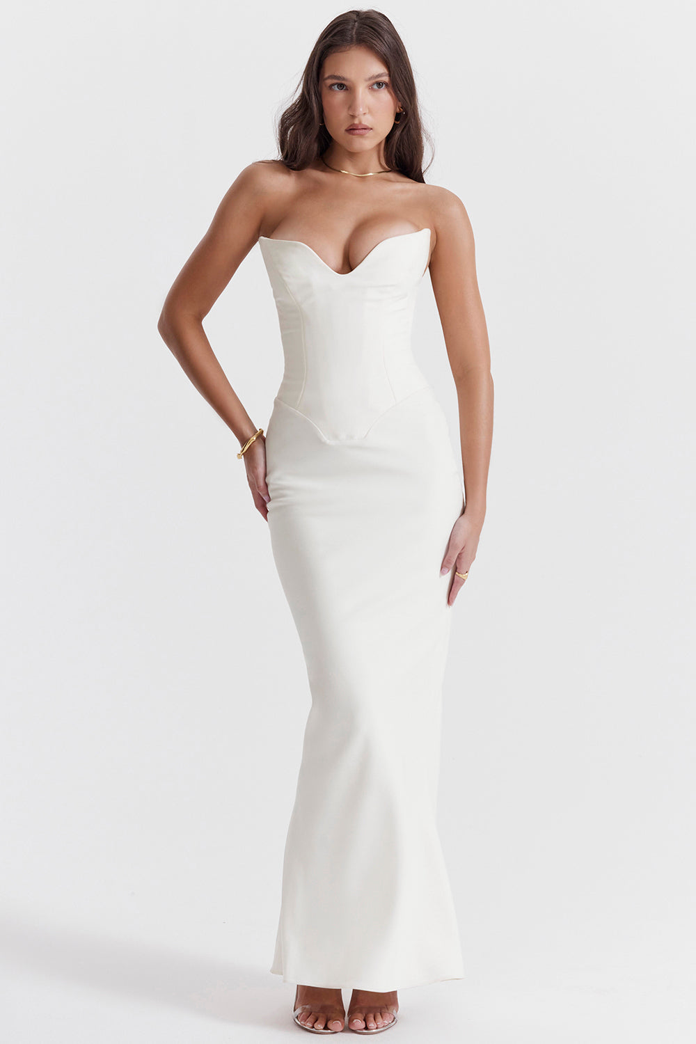 Dress for Women – Strapless – Satin Finish – Corset Bodice – Floor-Length – Slim Fit