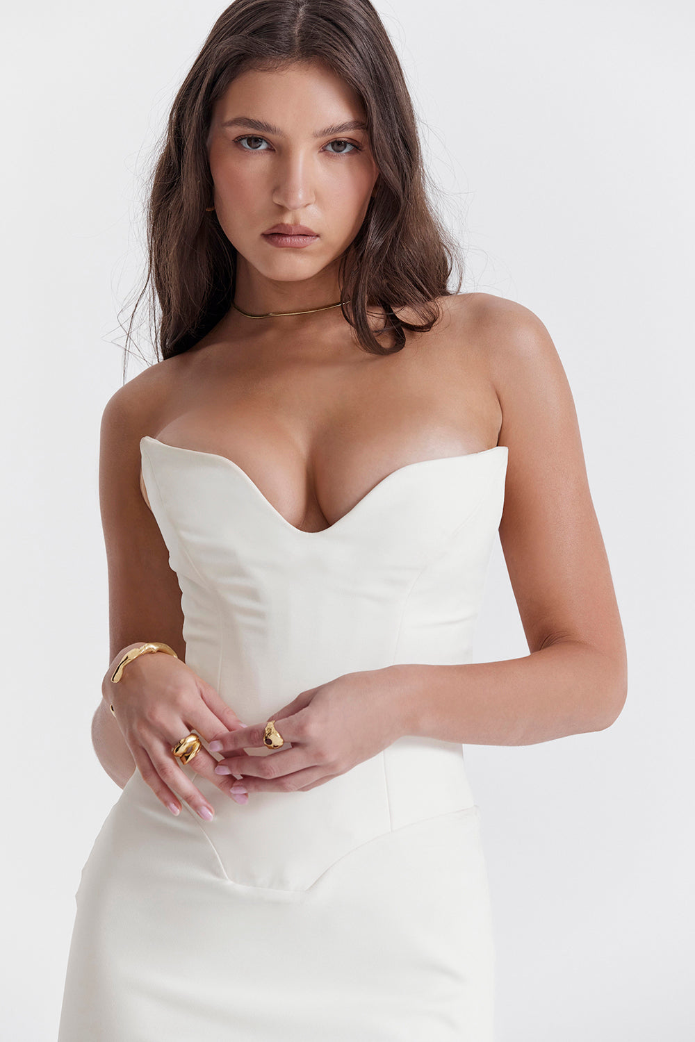 Dress for Women – Strapless – Satin Finish – Corset Bodice – Floor-Length – Slim Fit