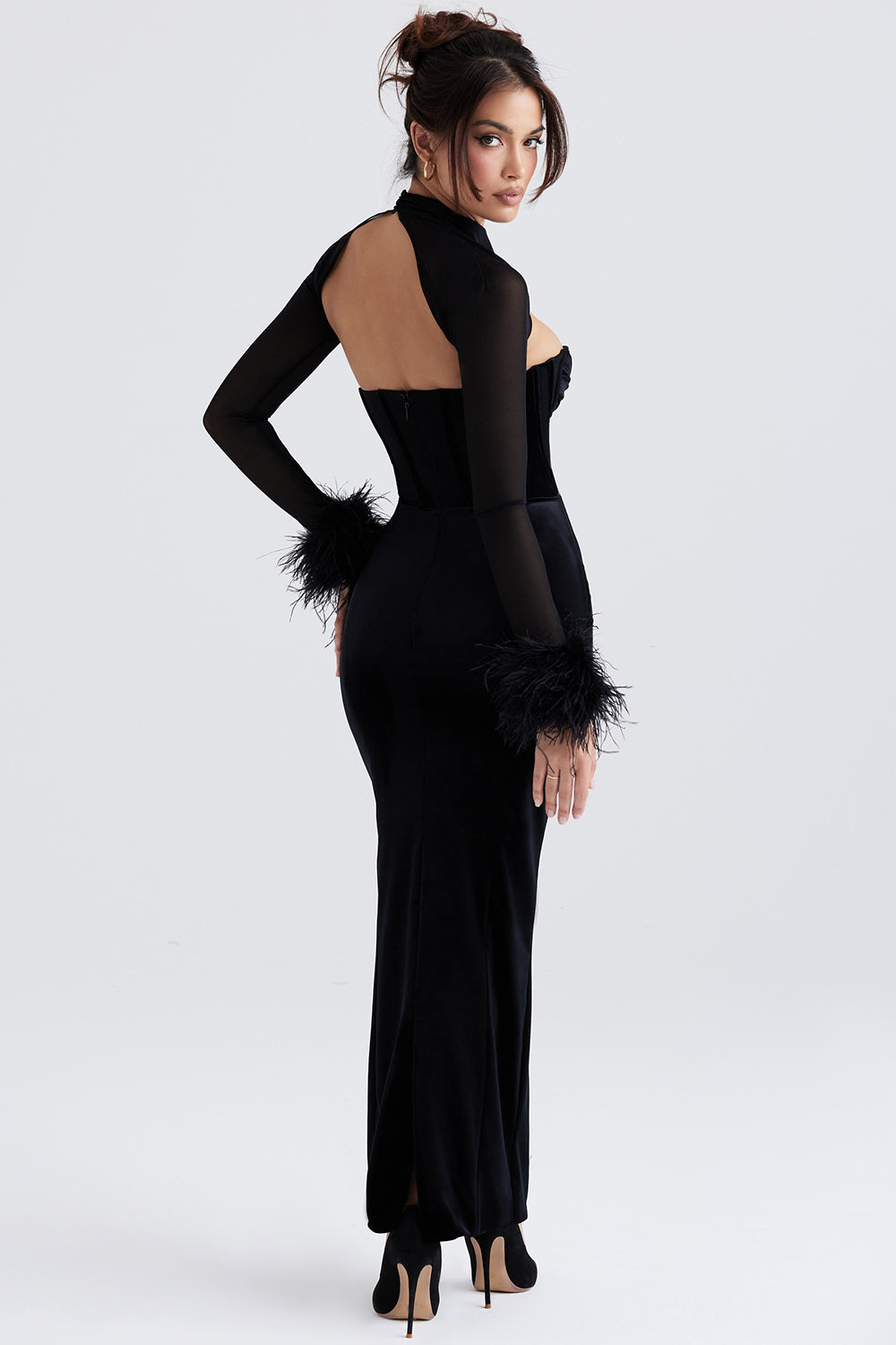 Dress woman – figure-hugging maxi dress – velvet – corset bodice – transparent sleeves – feather cuffs
