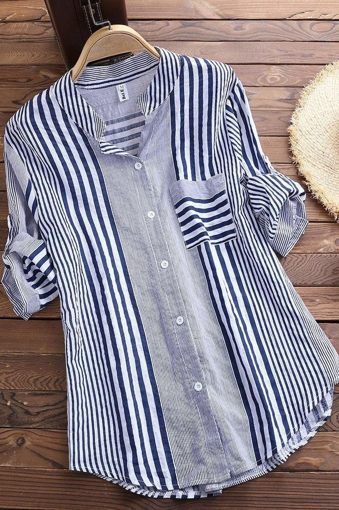 Women's Blouse – Relaxed Fit – Breathable Material – 3/4 Sleeve – Striped – Stand Collar
