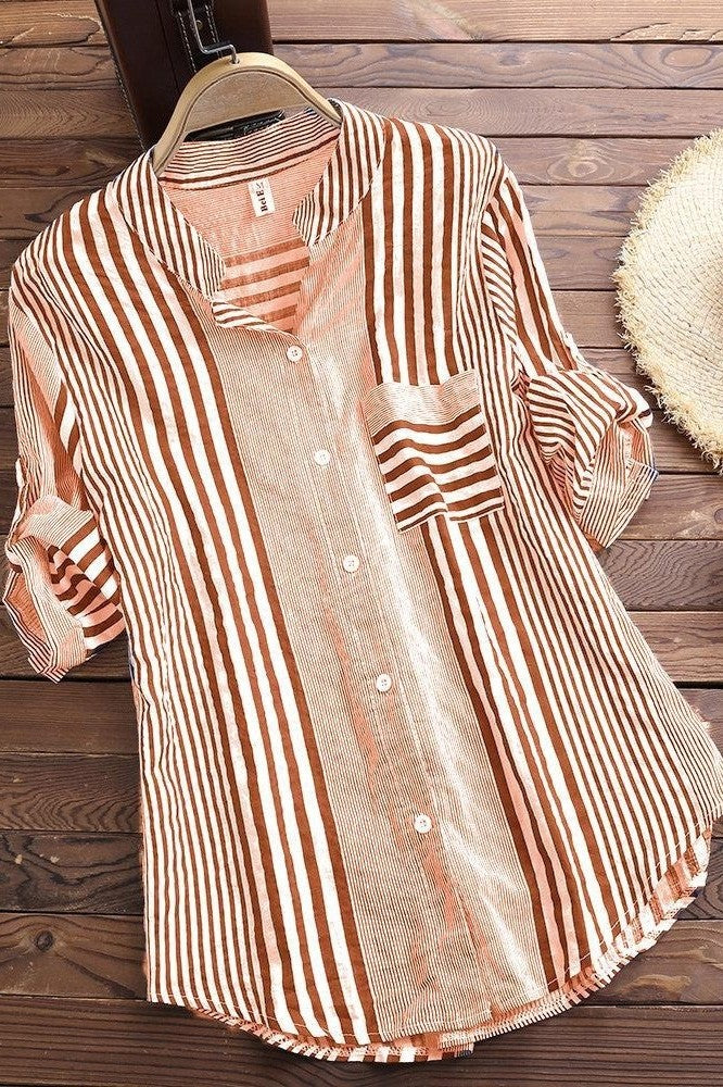 Women's Blouse – Relaxed Fit – Breathable Material – 3/4 Sleeve – Striped – Stand Collar