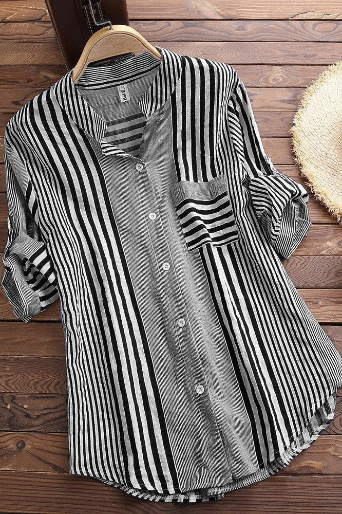 Women's Blouse – Relaxed Fit – Breathable Material – 3/4 Sleeve – Striped – Stand Collar