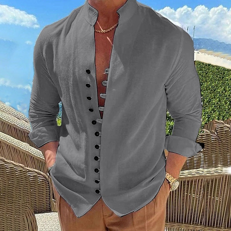 Men's Shirt - Long Sleeve Slim Fit - Mandarin Collar - Stylish and Comfortable