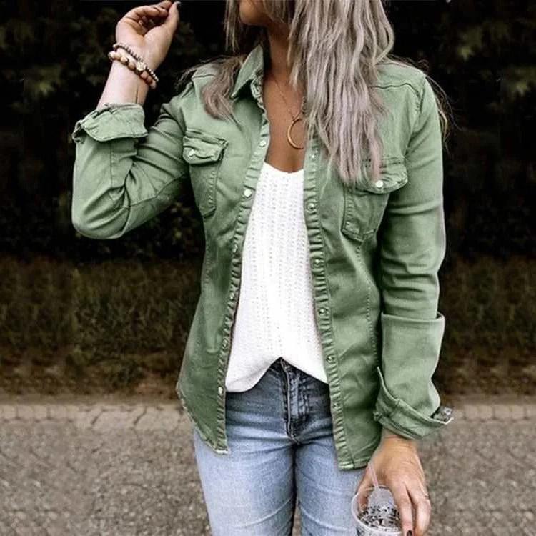 Women's Denim Jacket – Tailored Fit – Button Front – Chest Pockets – Structured Layer