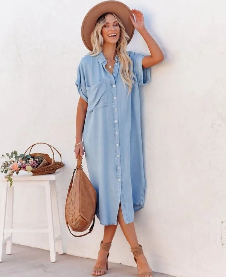 Women's Shirt Dress – Relaxed Fit – Short Sleeve – Button Closure – Breathable Fabric
