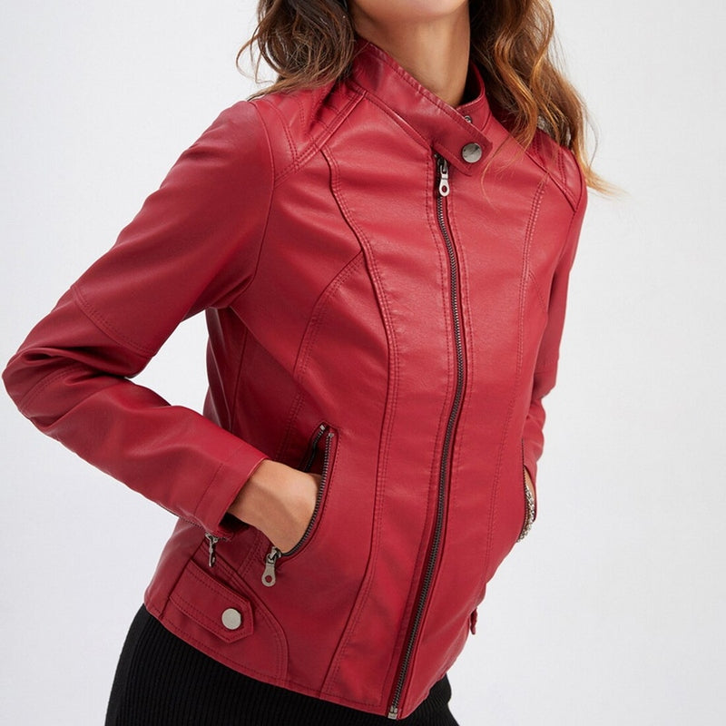 Women's Leather Jacket - Slim Fit Biker Style - Zipper Closure - Stand Collar - Long Sleeves