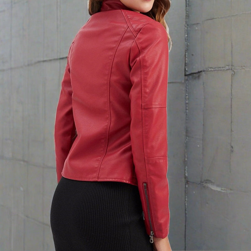 Women's Leather Jacket - Slim Fit Biker Style - Zipper Closure - Stand Collar - Long Sleeves