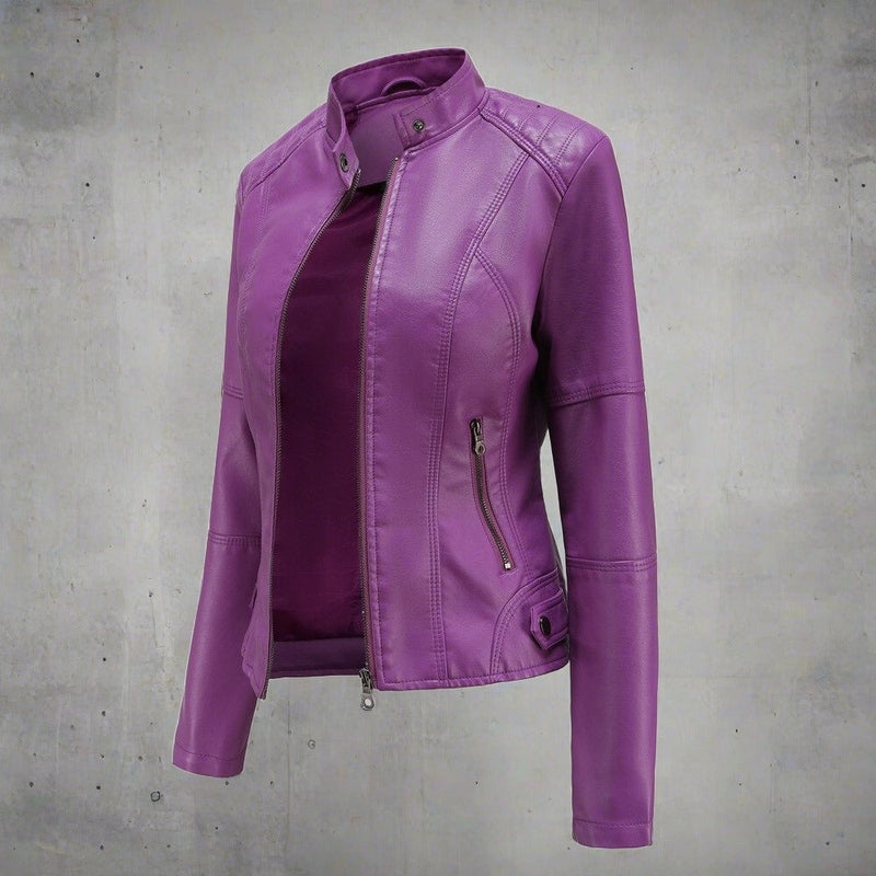 Women's Leather Jacket - Slim Fit Biker Style - Zipper Closure - Stand Collar - Long Sleeves