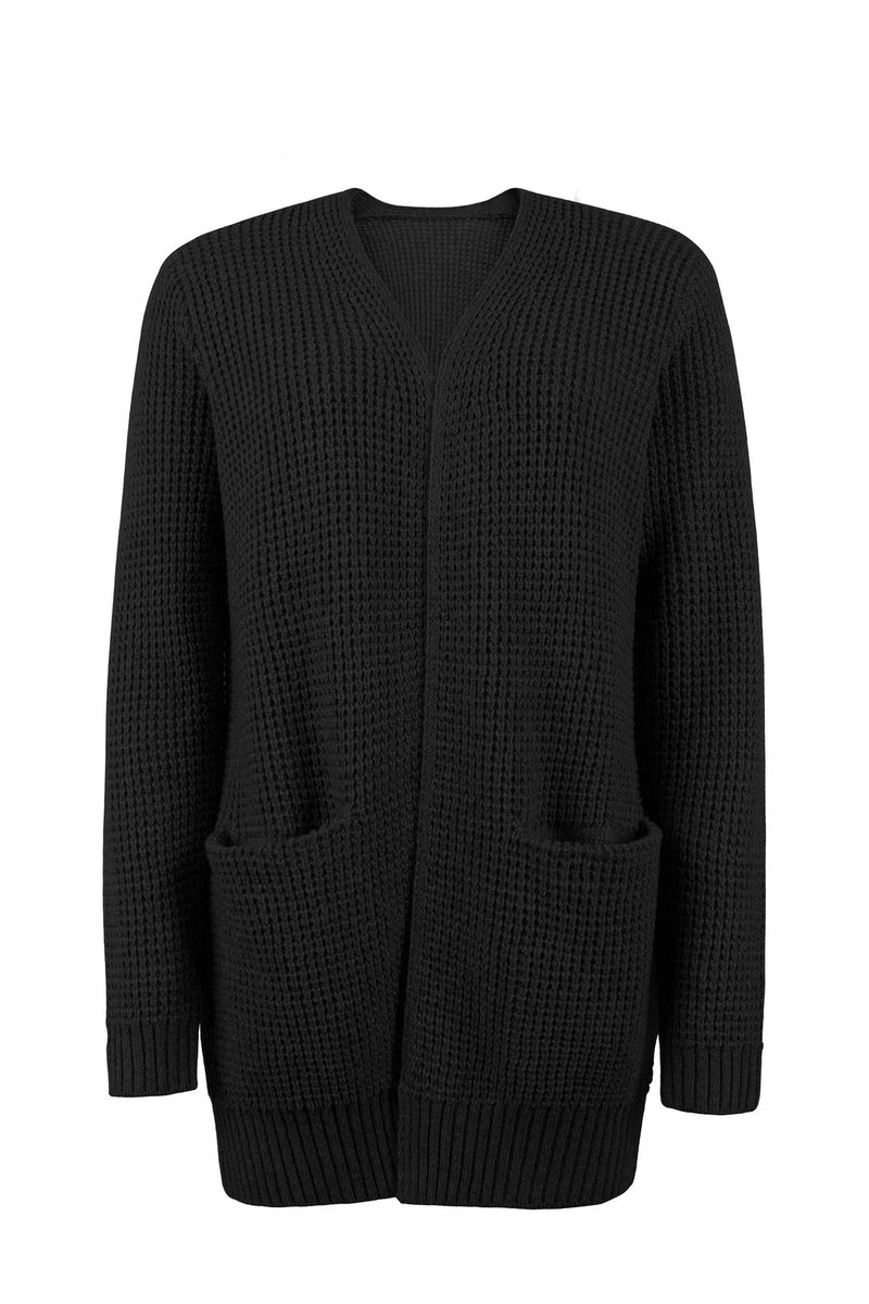 Women's Cardigan - Knitted Waffle-Knit - Open Front - With Pockets - Long-Sleeved Comfort
