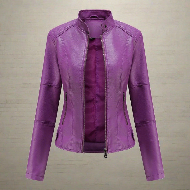 Women's Leather Jacket - Slim Fit Biker Style - Zipper Closure - Stand Collar - Long Sleeves