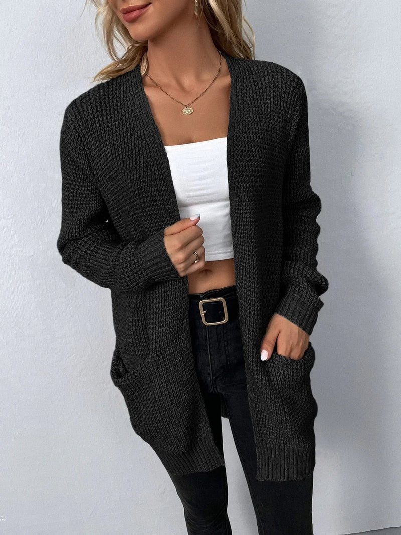 Women's Cardigan - Knitted Waffle-Knit - Open Front - With Pockets - Long-Sleeved Comfort