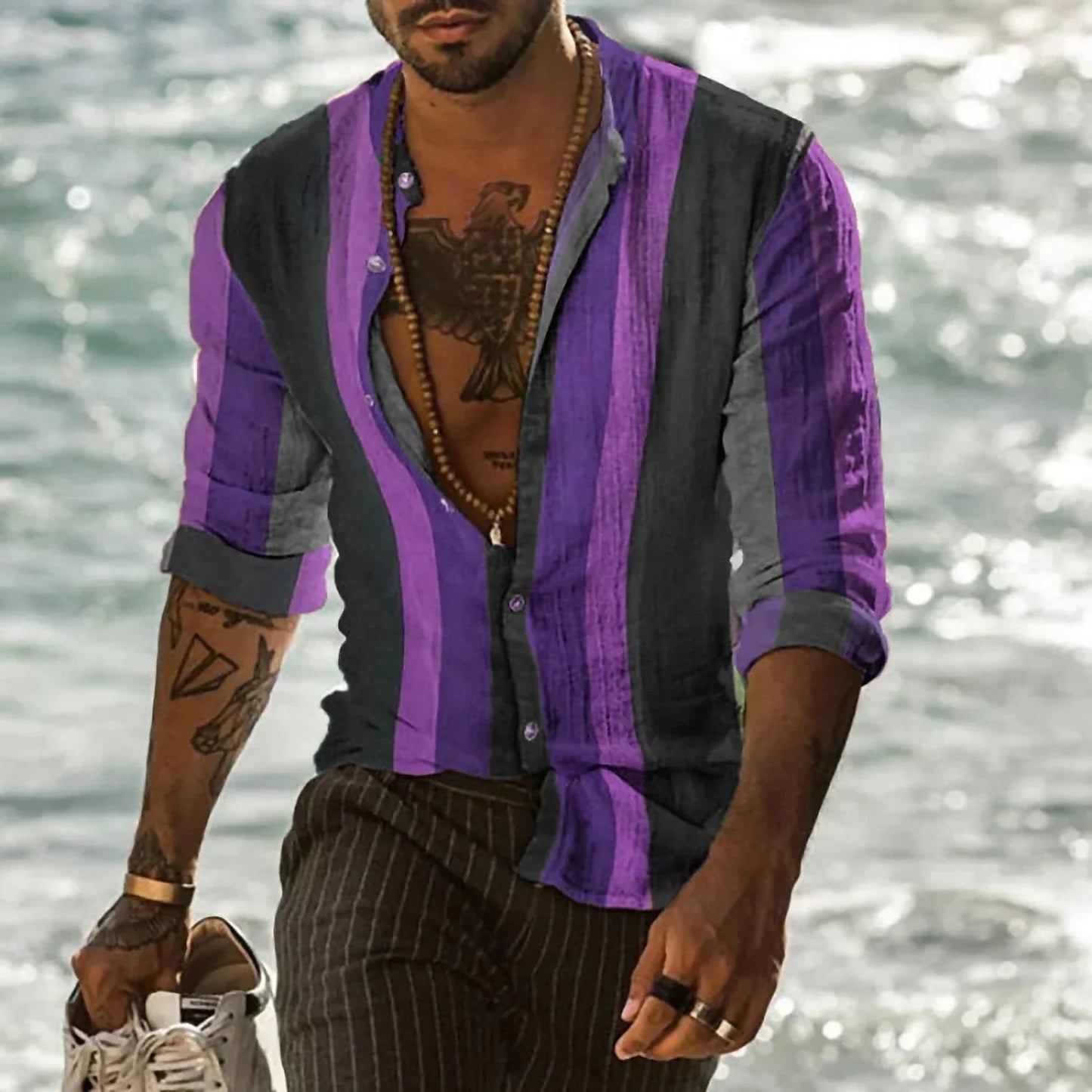 Men's Shirt - Breathable Linen Blend - Relaxed Fit - Long Sleeves - Striped Casual