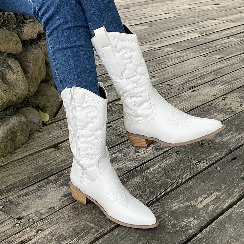 Women's Cowboy Boots – Mid Height – Glossy Finish – Decorative Stitching and Zipper