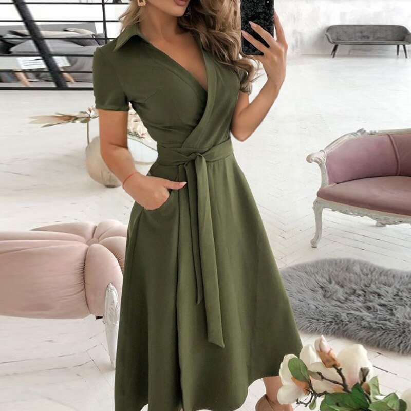 Dress woman midi – Wrap style – Tie belt – Short sleeve – Breathable fabric