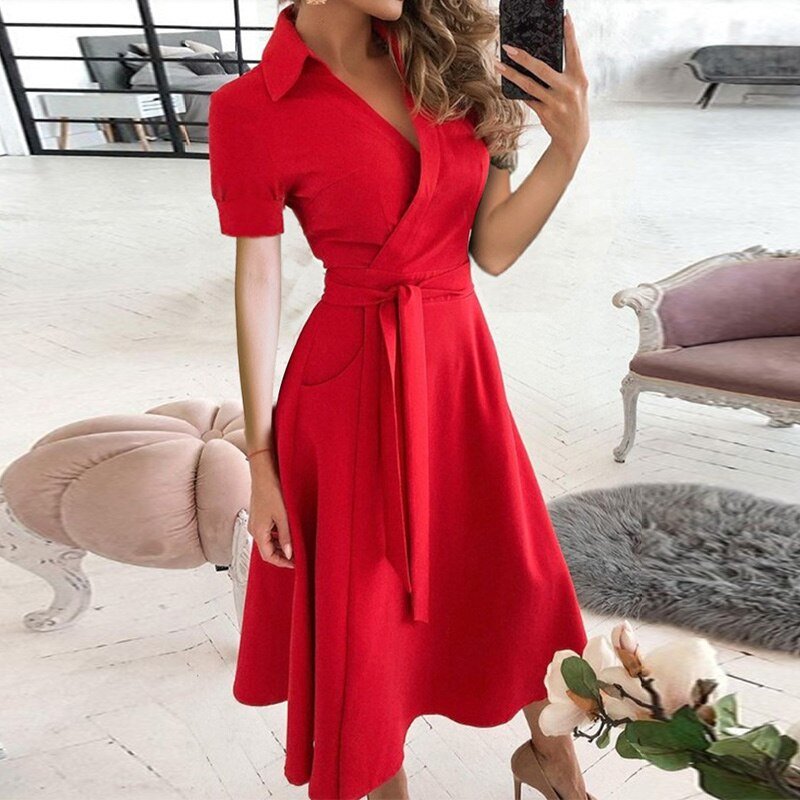 Dress woman midi – Wrap style – Tie belt – Short sleeve – Breathable fabric