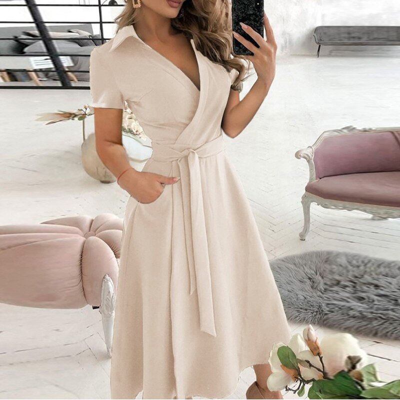 Dress woman midi – Wrap style – Tie belt – Short sleeve – Breathable fabric