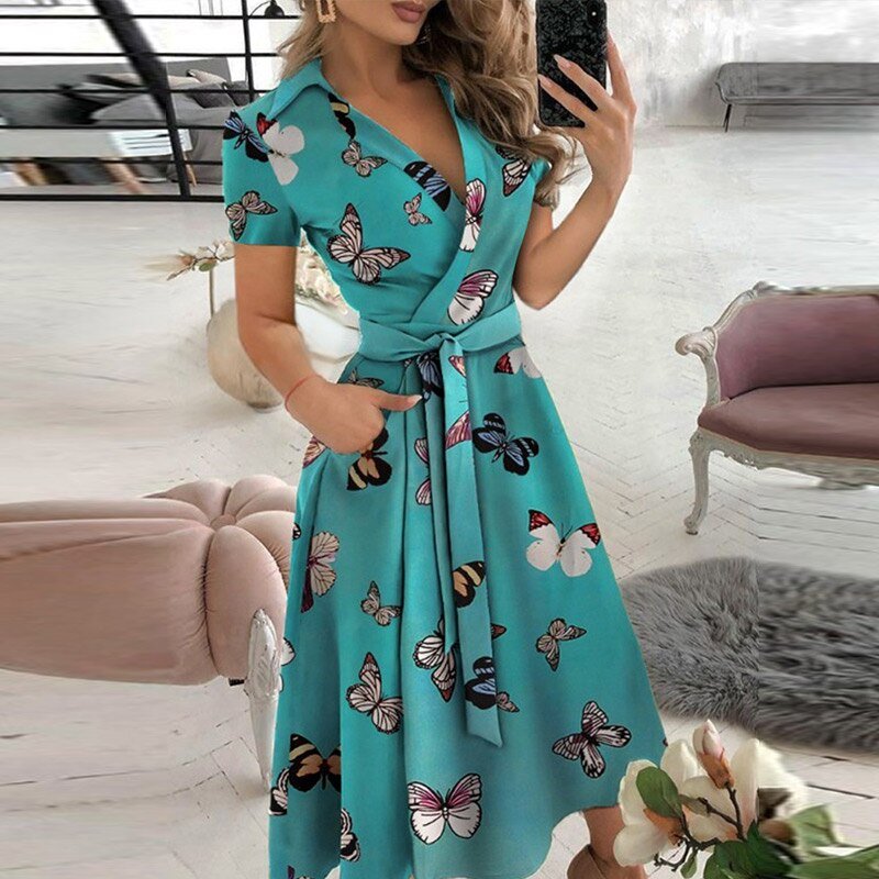 Dress woman midi – Wrap style – Tie belt – Short sleeve – Breathable fabric