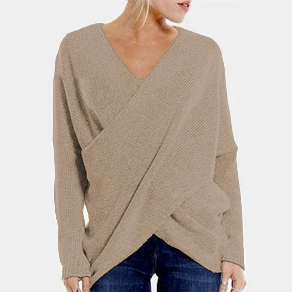 Women's Sweater – Oversized Fit – Wool Blend – V-Neck – Wrap Design – Rib Knit