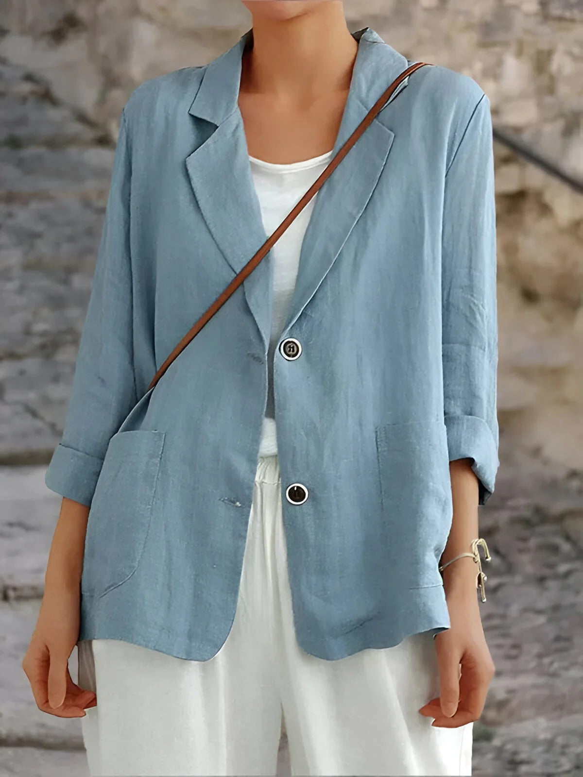 Women's Blazer – Relaxed Fit – Natural Fibers – 3/4 Sleeves – Patch Pockets