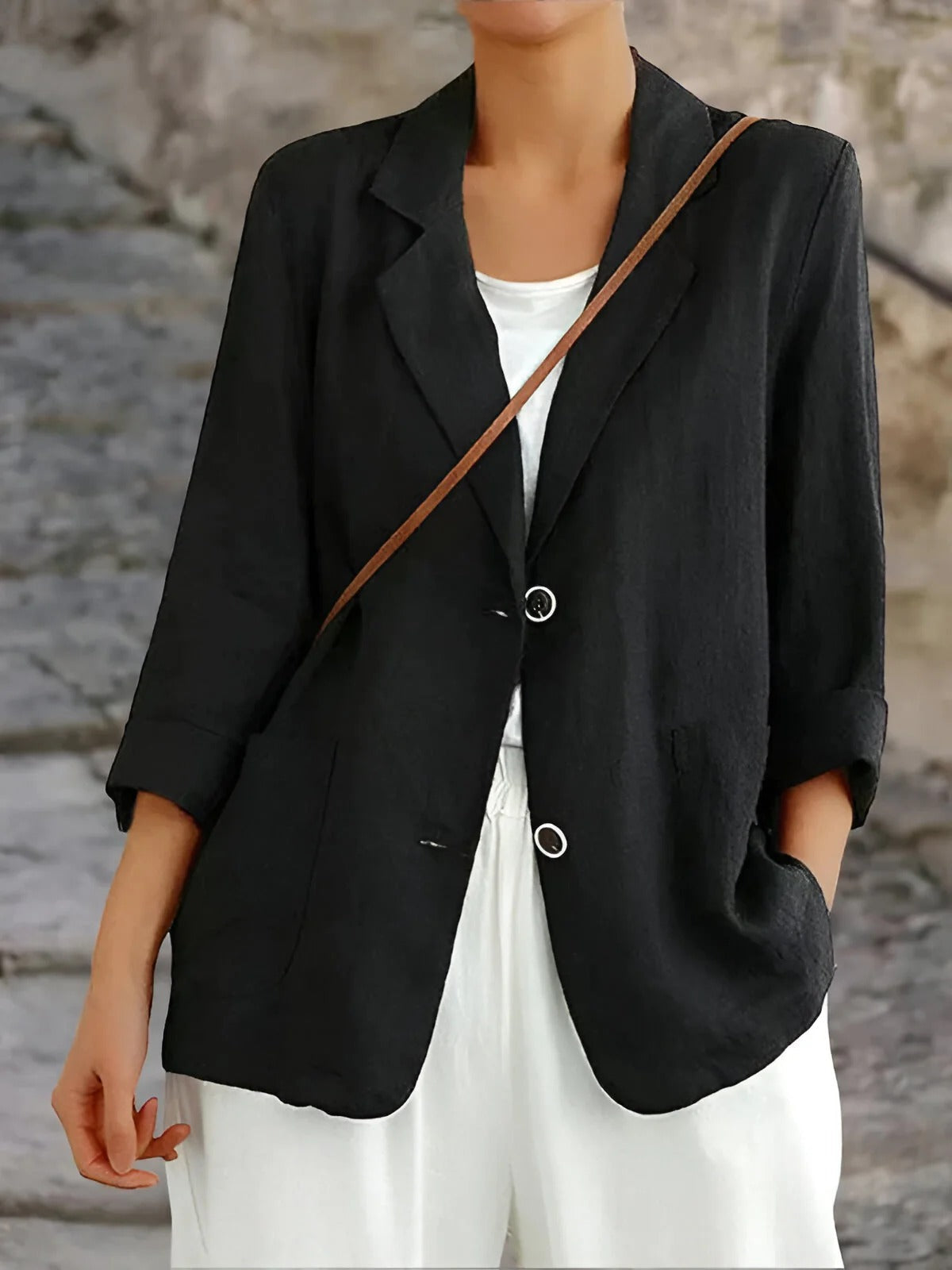 Women's Blazer – Relaxed Fit – Natural Fibers – 3/4 Sleeves – Patch Pockets