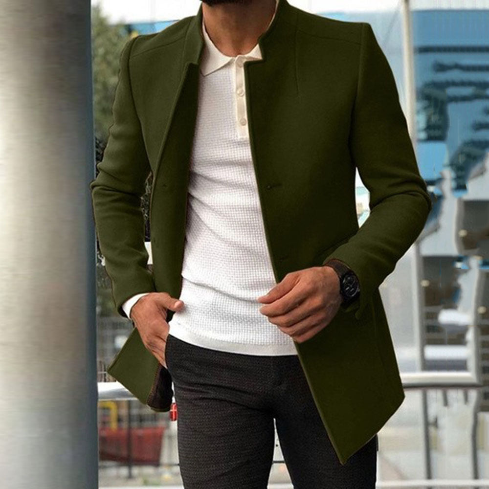 Men's Coat - Slim Fit - Stand Collar - Minimalist Design - Medium Length